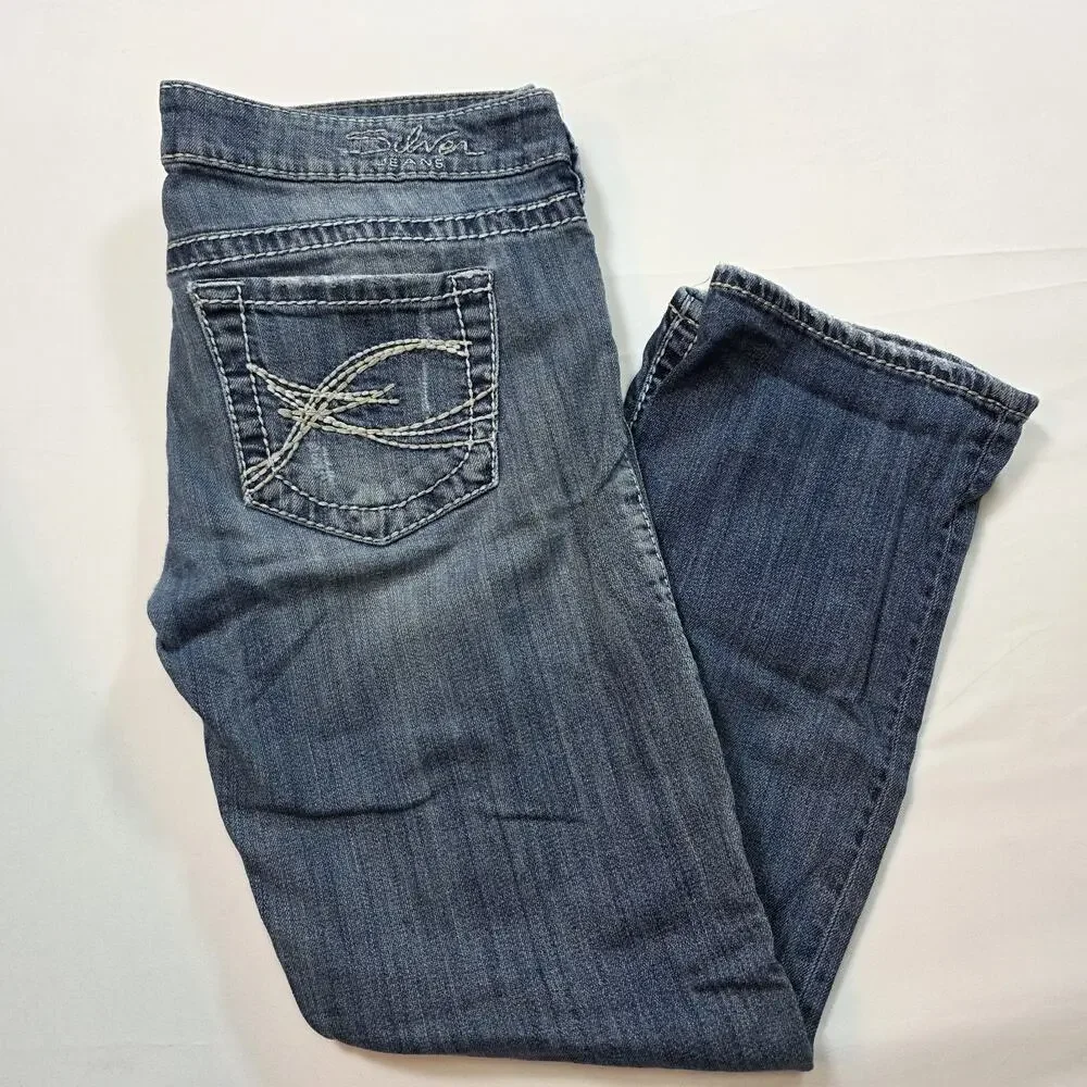Silver Jeans Womens 29 Tuesday Capri Distressed Medium Wash Blue Denim - Picture 2 of 12